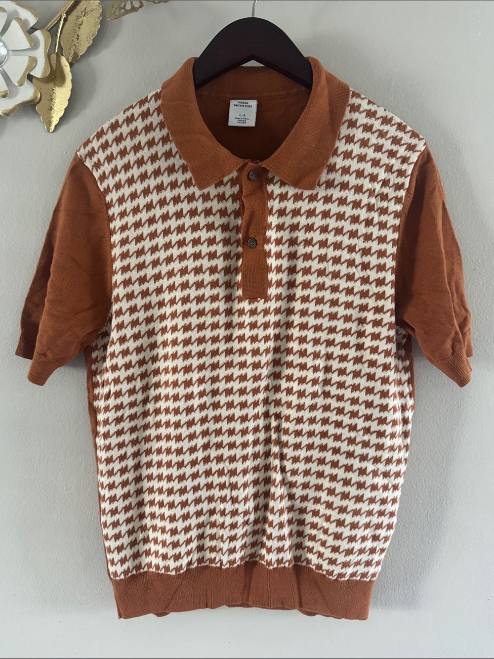 Urban Outfitters Rust & Cream Houndstooth Knit Polo